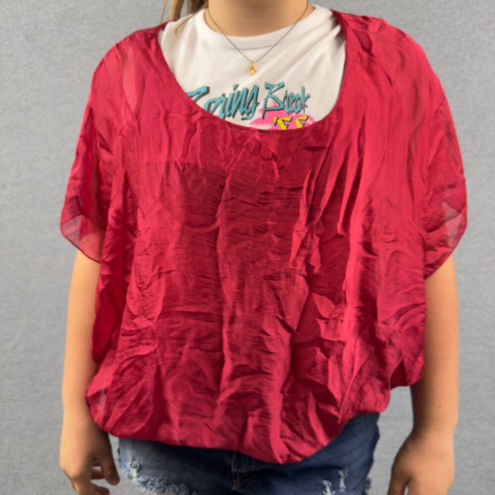 Own It Made in Italy Silk Blend Flutter-Sleeve Blouse Red S